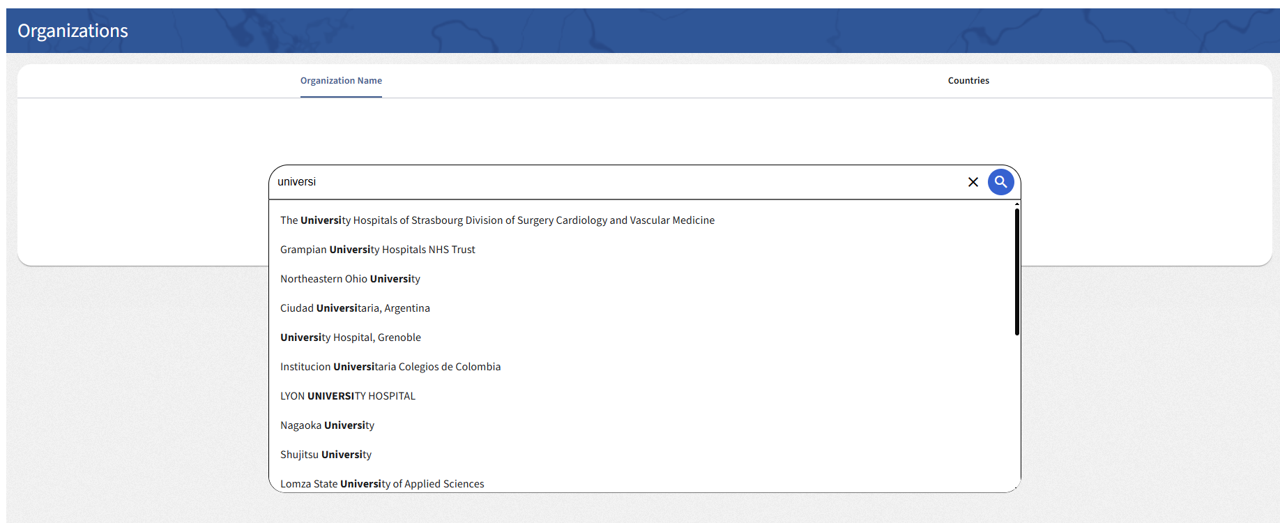 Search by Organization name